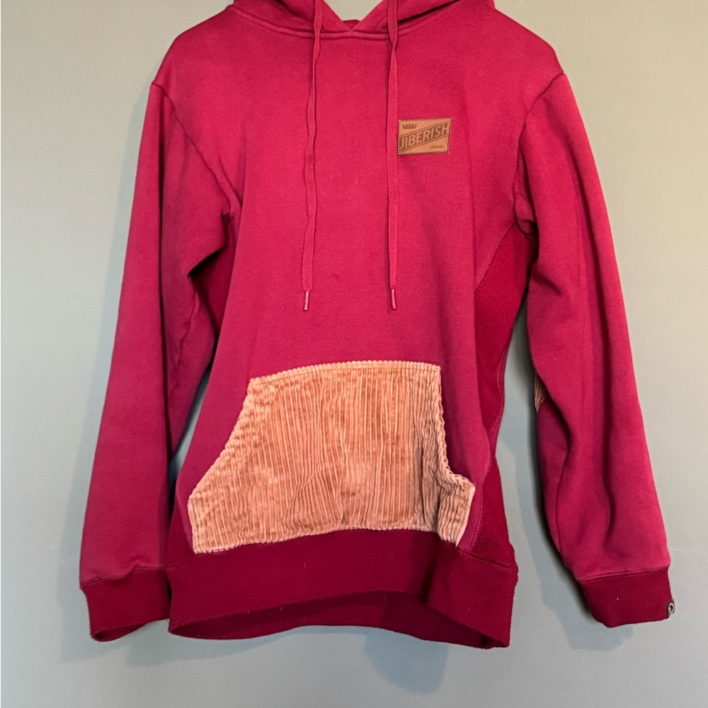Red Jiberish Hoodie with corduroy pocket and elbow details
